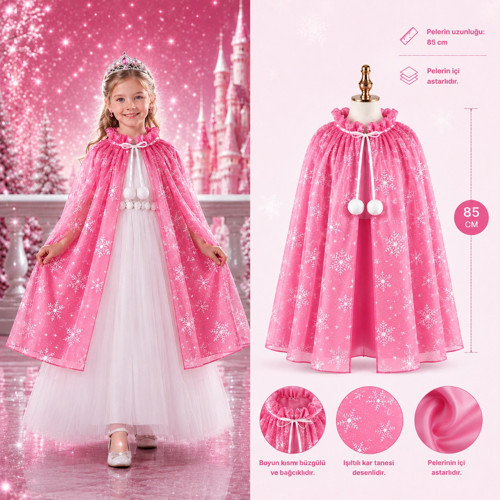 Kar Tanesi Desenli Pembe Elsa Pelerini - Astarlı Frozen Pelerini 85 cm (4604)