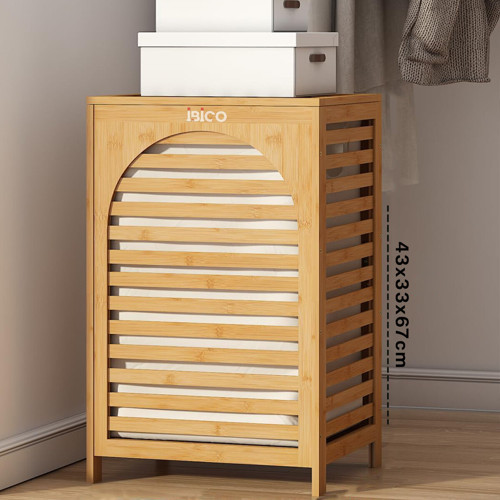 KALIN AHŞAP BAMBU KİRLİ ÇAMAŞIR SEPETİ KUMAŞ ÇANTALI SEPET=43X33X67CM (4604)