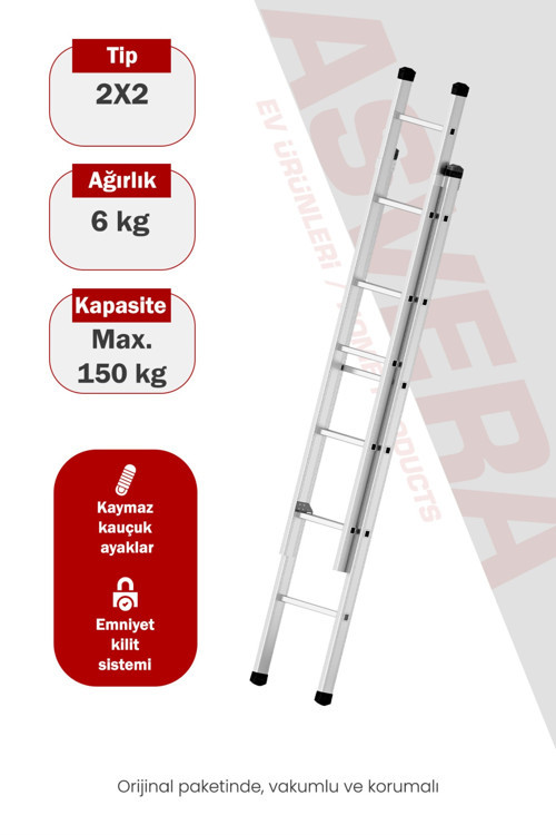 Endüstriyel 4 Metre 2 Parçalı Alüminyum Merdiven - 1.4 mm Sürgülü Profesyonel Merdiven
