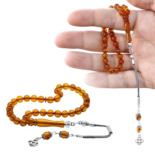 Damla Kehribar Tesbih - 925 Ayar Gümüş Püsküllü - Bal Rengi - Küre Kesim