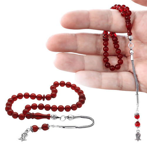 Damla Kehribar Tesbih - 925 Ayar Gümüş Püsküllü - Kırmızı Renk - Küre Kesim