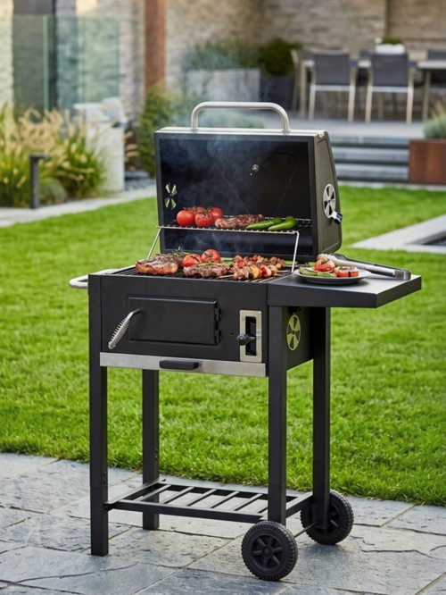 Tekerlekli Kapaklı Kömürlü Mangal Barbekü 45x32 cm Izgara