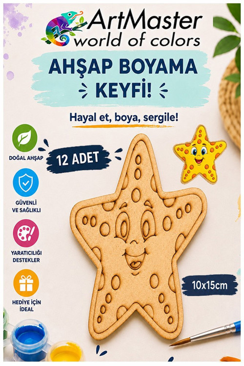 Ahşap Boyama Deniz Yıldızı 12 Adet 10x15cm Boyama Deniz Figürü Etkinlik Çoçuk Gelişim Motor Beceri Kreş Anasınıfı