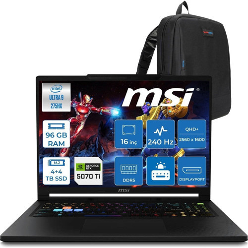Raider 16 Hx B2WH-091TR Intel Ultra 9 275HX Aı 96GB Ddr5 4tb SSD +4tb SSD 12GB/RTX5070Tİ 140W 16" QHD+(2560X1600), 240Hz IPS 100% Dcı-P3 Freedos Gaming Laptop MSW091TRF48+ZETTAÇANTA