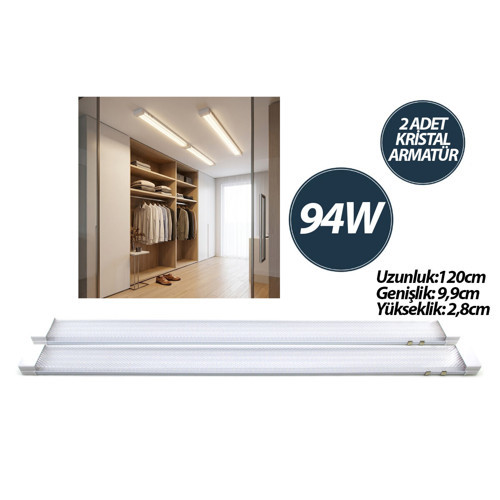2 PCS 94W 120CM KRİSTAL LED BANT ARMATÜR BEYAZ=6500K ALÜMİNYUM KAPAK IP20 - Y BAĞLANTI EAMP-093/1B (2818)