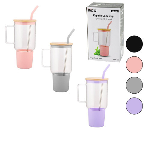 Cam 1000 ml Matara - Suluk Bambu Kapak - Sızdırmaz Silikonlu Çelik Pipet Koruyucu Silikon Alt