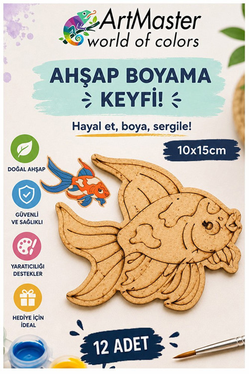 Ahşap Boyama Balık 12 Adet 10x15cm Boyama Deniz Figürü Etkinlik Çoçuk Gelişim Motor Beceri Kreş Anasınıfı