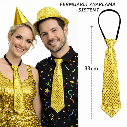 Altın Renk Pul Payetli Işıltılı Parti Kravatı 33 cm (5365)