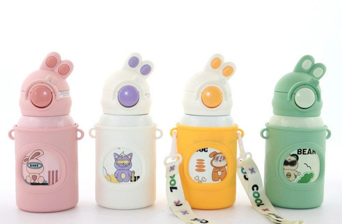 Tavşan Kulaklı Pipetli Çocuk Termosu - 500 ml Paslanmaz Çelik Suluk