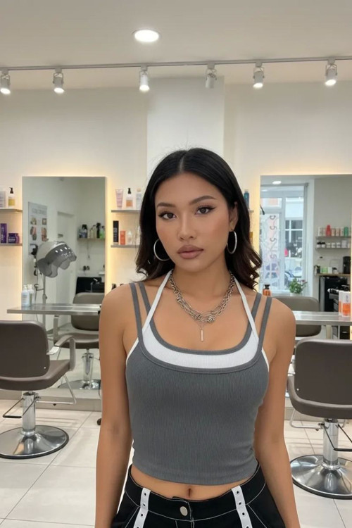Kadın Antrasit Beyaz Çift Renk Çapraz Askılı Crop Top Bluz Şık Esnek