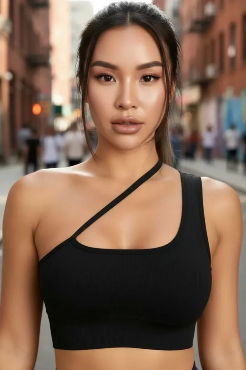 Kadın Siyah Modern Fit Tek Omuzlu Çapraz Askılı Crop Top Büstiyer