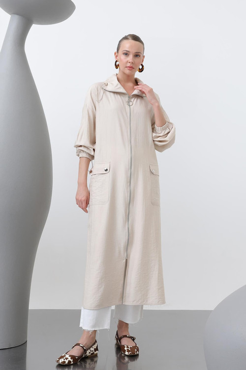 Kadın Geniş Yakalı Cep Detaylı Fermuarlı Kap - 15202HRK - BEIGE