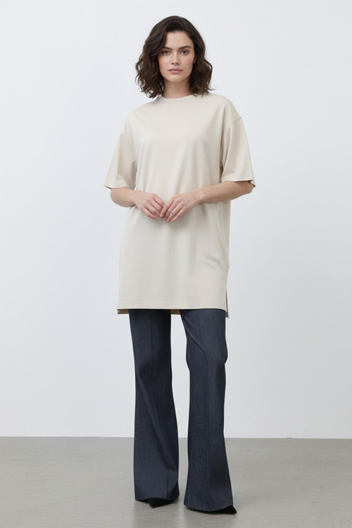 Kadın Uzun Bol Kesim Tshirt - 40009TSH - BEIGE