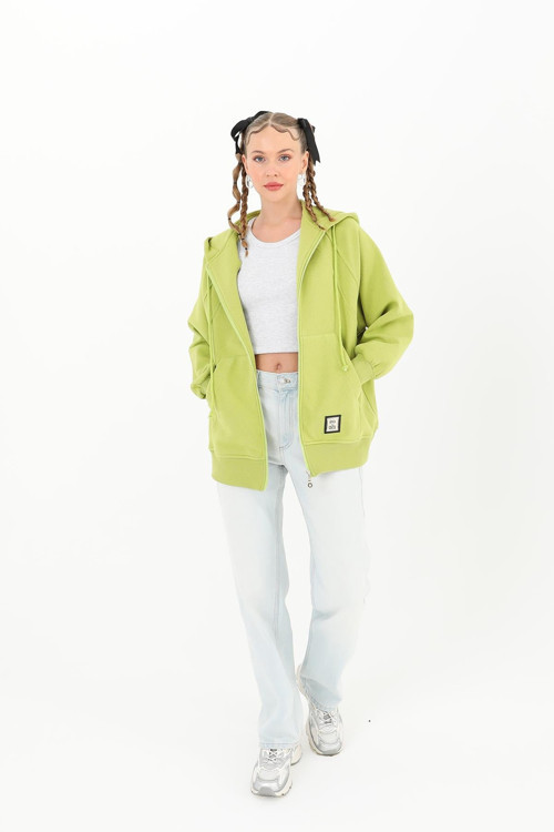 Kadın Kapşonlu Fermuarlı Sweat Hırka - 32021SWT - OLIVE