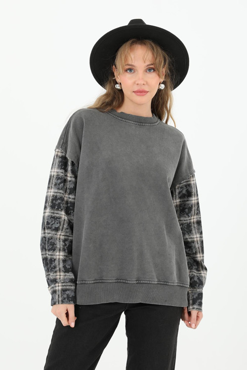 Kadın Kolları Gömlek Detaylı Eskitme Sweatshirt - 32071 - ANTRACITE