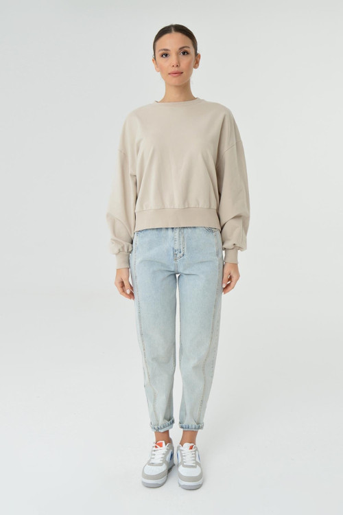 Kadın Bisiklet Yaka Basic Sweat - 31078SWT - BEIGE