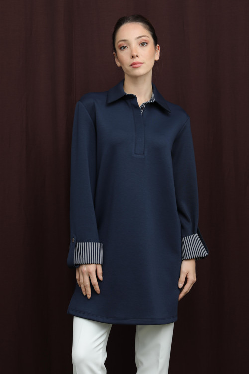 Kadın Basıc Pat ve Kol Detaylı Tunik - 10724TUN - NAVY
