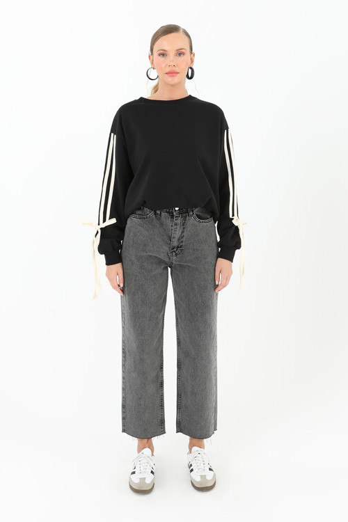 Kadın Kolları İp Detaylı Sweatshirt - 31997SWT - BLACK
