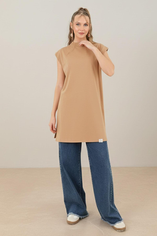 Kadın Basic Kolsuz T-shirt - 30725TUN - CAMEL