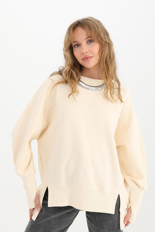 Kadın Asimetrik Kesim Sweatshirt - 32106SWT - BEIGE