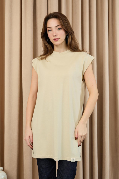 Kadın Basic Kolsuz T-shirt - 30725TUN - DARK BEIGE