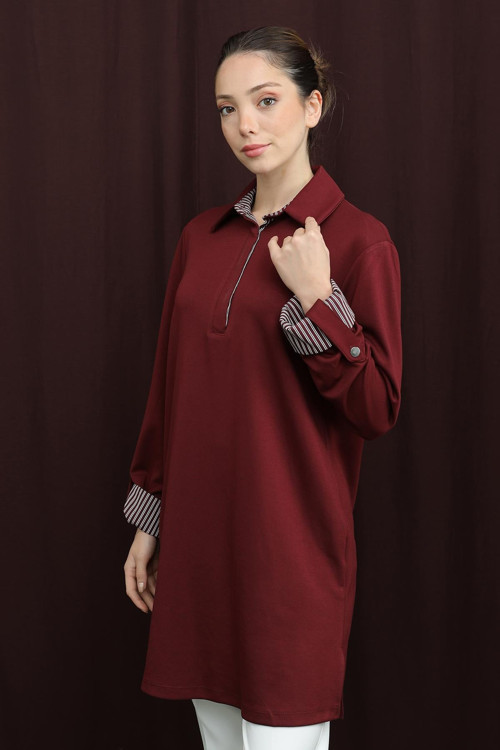 Kadın Basıc Pat ve Kol Detaylı Tunik - 10724TUN - BURGUNDY