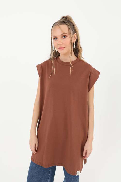 Kadın Basic Kolsuz T-shirt - 30725TUN - BROWN