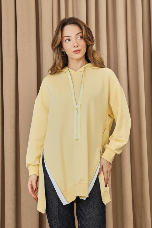 Kadın Fermuar Detaylı Tunik - 10731TUN - YELLOW-ECRU