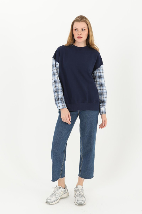 Kadın Kolları Gömlek Detaylı Eskitme Sweatshirt - 32071 - NAVY