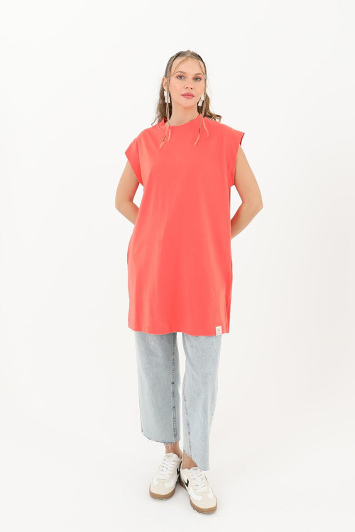 Kadın Basic Kolsuz T-shirt - 30725TUN - CORAL