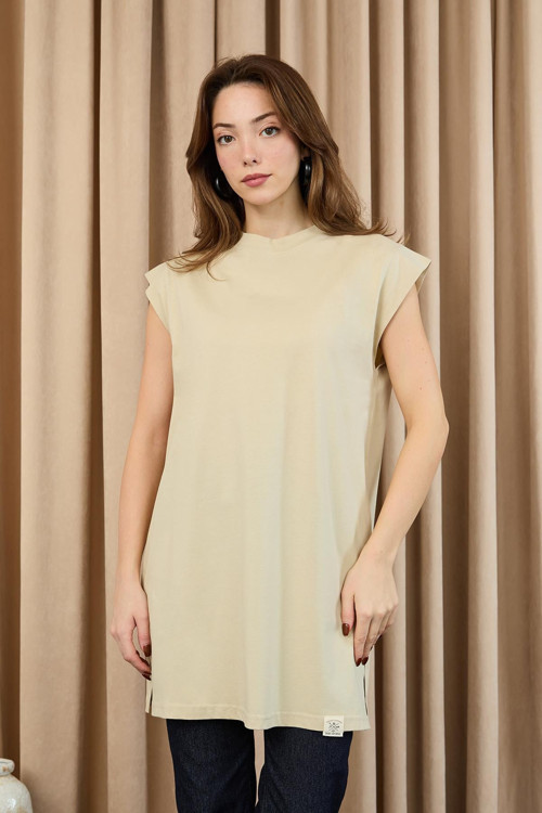 Kadın Basic Kolsuz T-shirt - 30725TUN - DARK BEIGE
