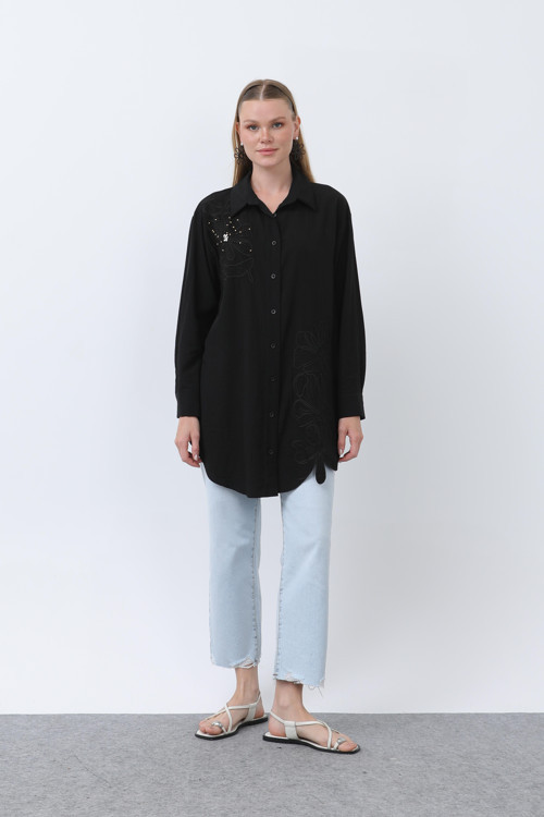 Kadın Önü Nakış Ve İşleme Detaylı Gömlek - 10664GML - BLACK