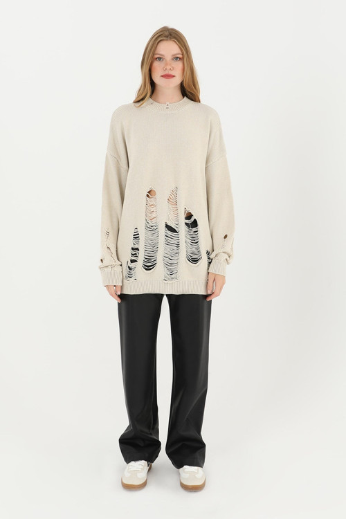 Kadın Yırtıklı Triko Tunik - 32034TUN - BEIGE