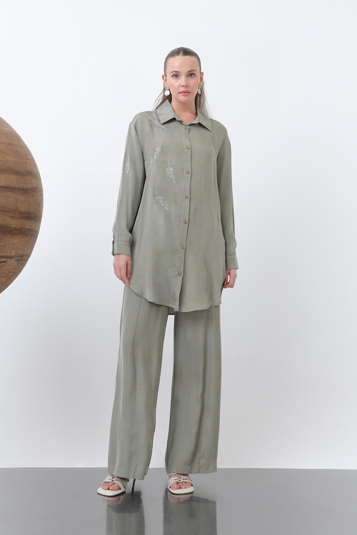 Kadın Önü Nakış İşlemeli Tunik - 10621TNK - ALMOND GREEN