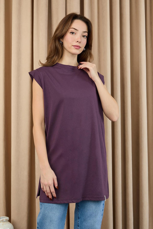 Kadın Basic Kolsuz T-shirt - 30725TUN - PLUM