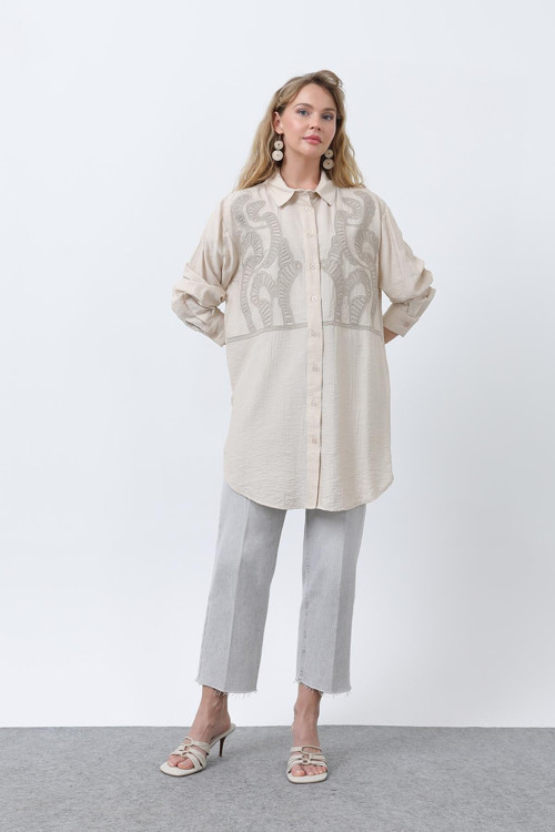 Kadın Önü Nakışlı Düğme Detaylı Tunik - 10663TUN - BEIGE