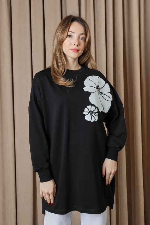 Kadın Omzu Çiçek Baskılı Tunik - 10743TUN - BLACK