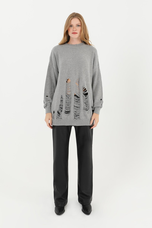Kadın Yırtıklı Triko Tunik - 32034TUN - GREY