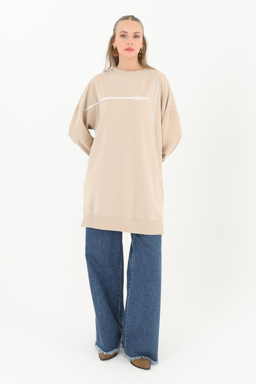 Ön Nakış Detaylı Tunik - 10596TUN - DARK BEIGE-ECRU