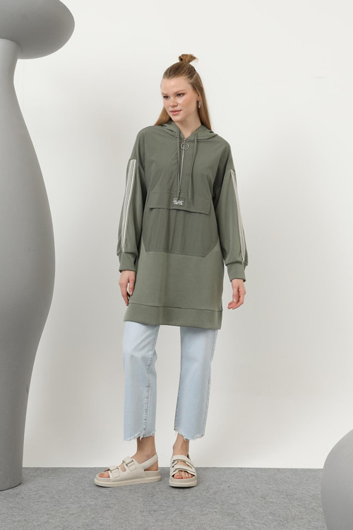 Kadın Önü Fermuar Detaylı Kapişonlu Tunik - 10610TUN - KHAKI