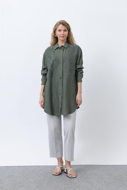 Kadın Önü Nakışlı Düğme Detaylı Tunik - 10663TUN - KHAKI