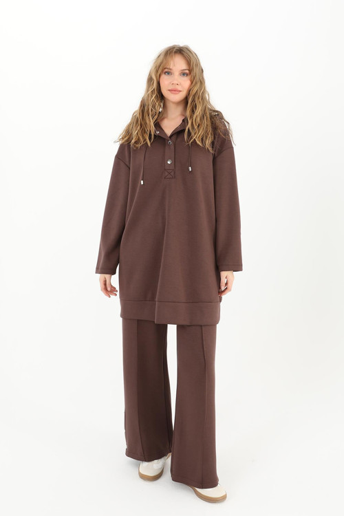 Kadın Kapüşonlu Çıtçıtlı Tunik - 10603TUN - BROWN