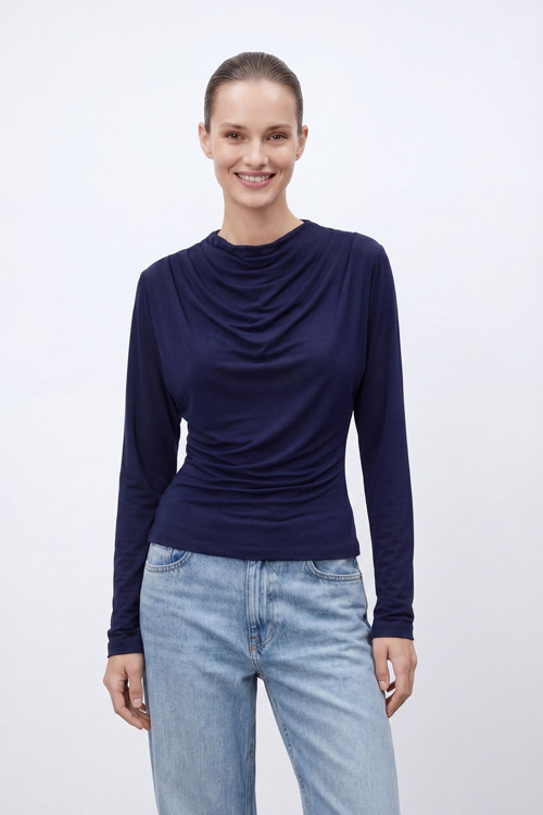 Kadın Modern Kesim Drapeli Bluz -10785BLZ - NAVY