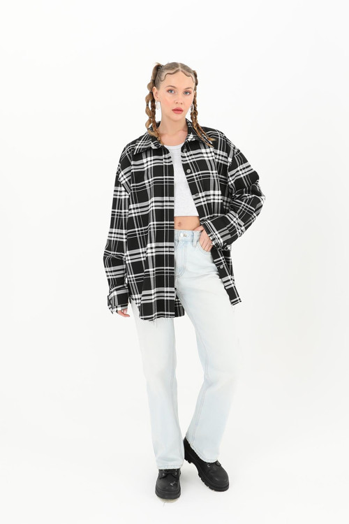 Ekose Detaylı Basic Gömlek - 32097GML - BLACK