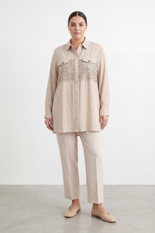 Kadın Büyük Beden Payet Detaylı Gömlek- 19274GML - BEIGE