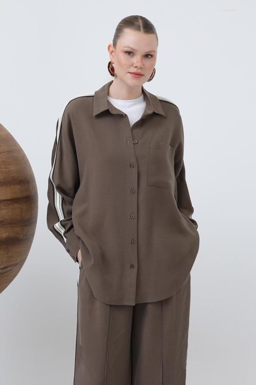 Kadın Kol Şeritli Basic Gömlek - 32197GML - BROWN