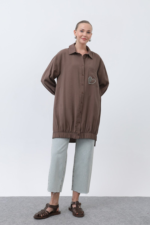 Kadın Cep kısmı Kalpli Nakış Detaylı Tunik - 10633TUN - BROWN