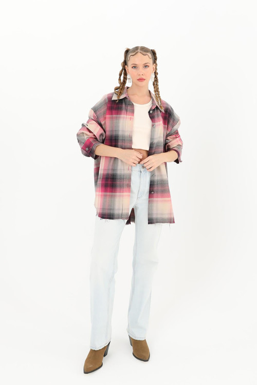 Ekose Detaylı Basic Gömlek - 32097GML - PINK
