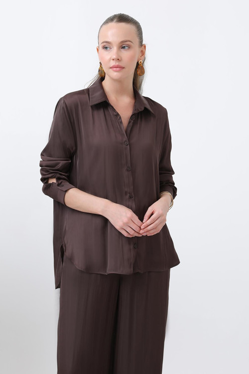 Kadın Saten Gömlek - 32258GML - BROWN