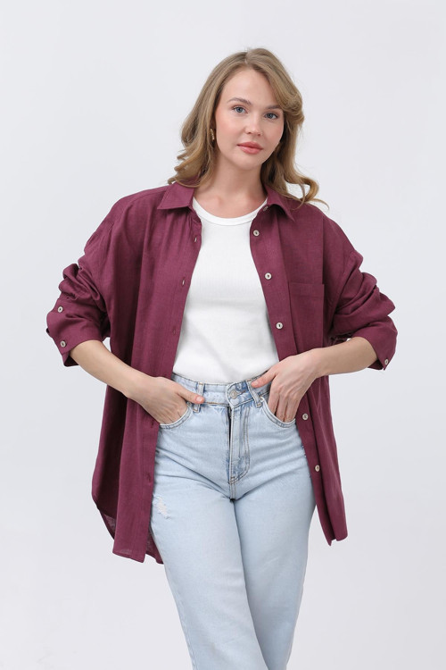 Kadın Basic Keten Gömlek - 32328GML - PLUM